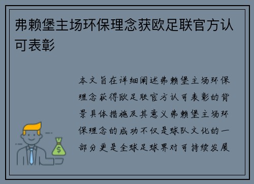 弗赖堡主场环保理念获欧足联官方认可表彰